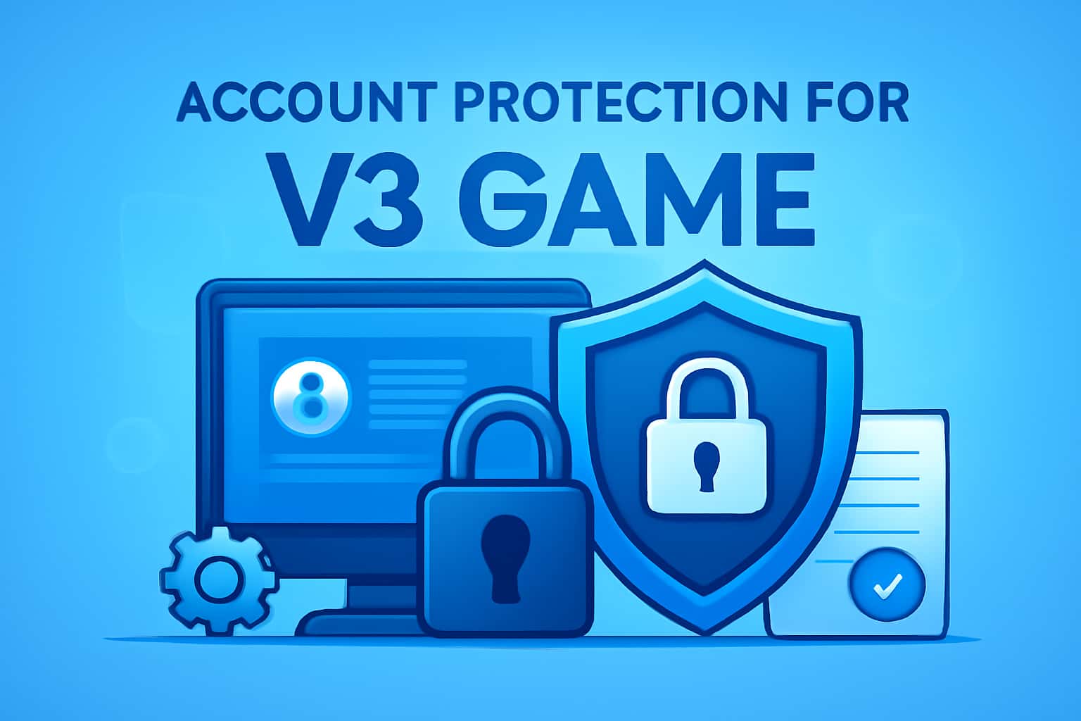 Informational scene illustrating account protection measures for V3 Game.