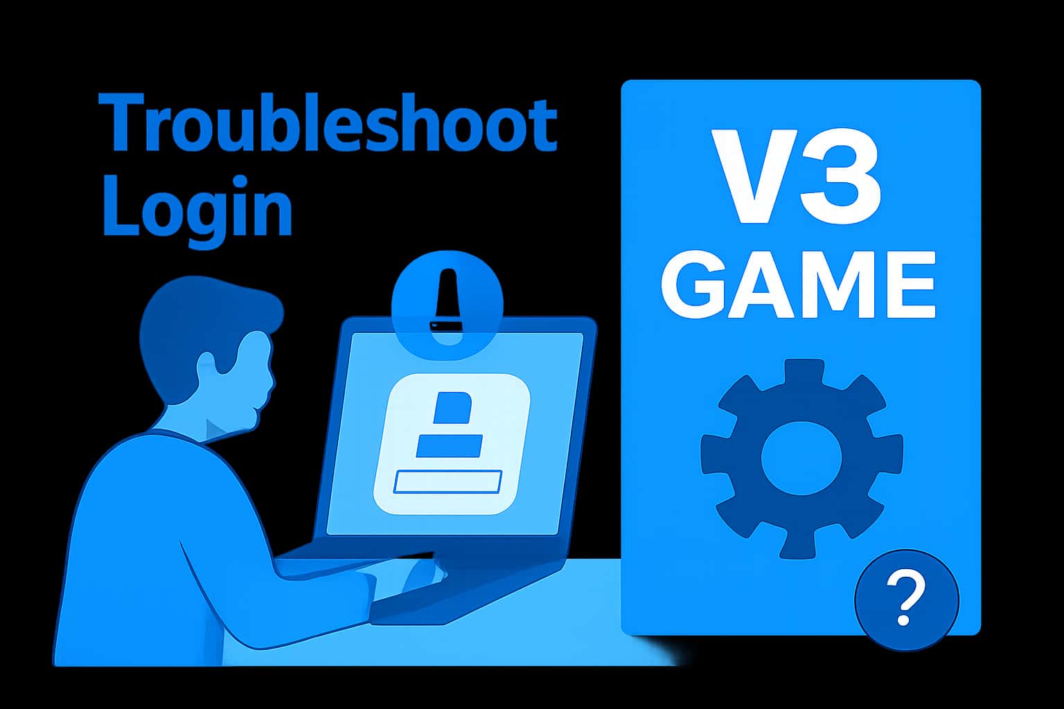An informational scene depicting troubleshooting options for V3 Game login with appropriate branding.